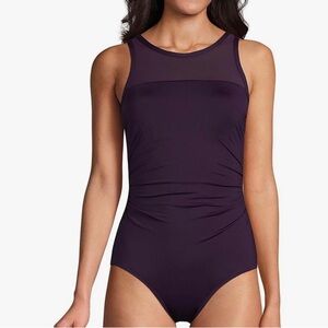Lands End‎ Mesh High Neck One piece Swimsuit Black 16